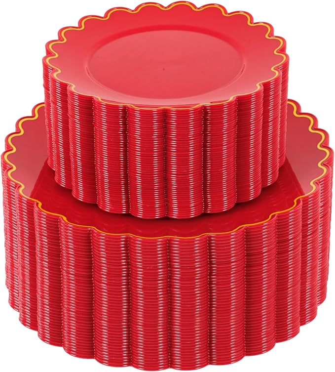 LIYH 100 Red Scalloped Plastic Disposable Plates by LIYHLoveinyourheart