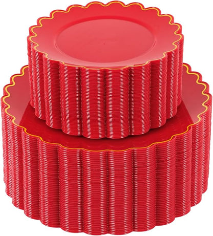 LIYH 100 Red Scalloped Plastic Disposable Plates by LIYHLoveinyourheart