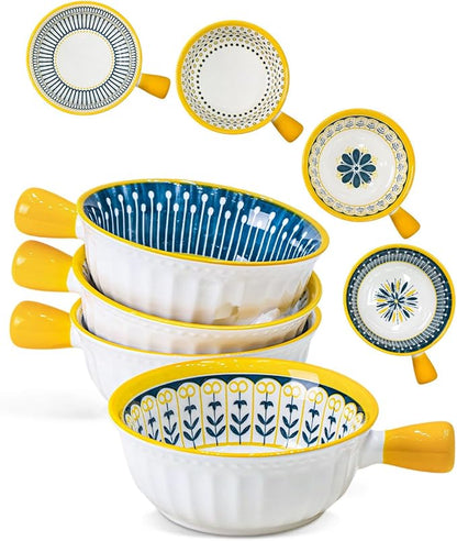 Yeacccng Soup Bowls with Handles, 23 Oz French Onion Soup Bowls Set of 4, Ceramic Soup Bowl for Kitchen, Oven/Microwave Bowls, 6 Inch Ceramic Soup Crocks, Cute Bowls, Scratch-Resistant, Lead-Free