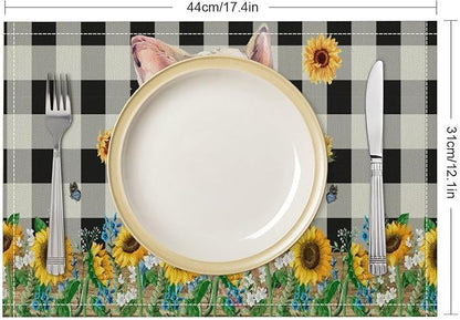 Rustic Pig Placemat Set, Vintage Farmhouse Cute Animal Sunflower Floral Black White Plaid Blue Bowknot Pattern Home Decor Table Mats for Dining Room Kitchen Party (17x12in) x2P