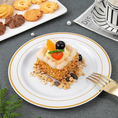 WELLIFE 120 PCS Plastic Dessert Plates and 120 PCS Forks, 6.3 inch Disposable Salad Plate, Premium White Appetizer Plates with Gold Rims Perfect for Party and Wedding