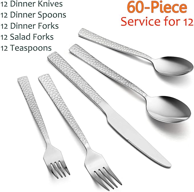 E-far 60-Piece Silverware Set, Hammered Stainless Steel Square Flatware Cutlery - Image 2