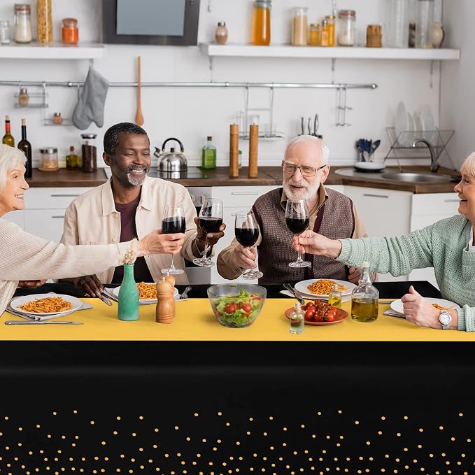 16Pack Disposable Plastic Tablecloths and Satin Table Runner Set Black Gold Dot - Image 5