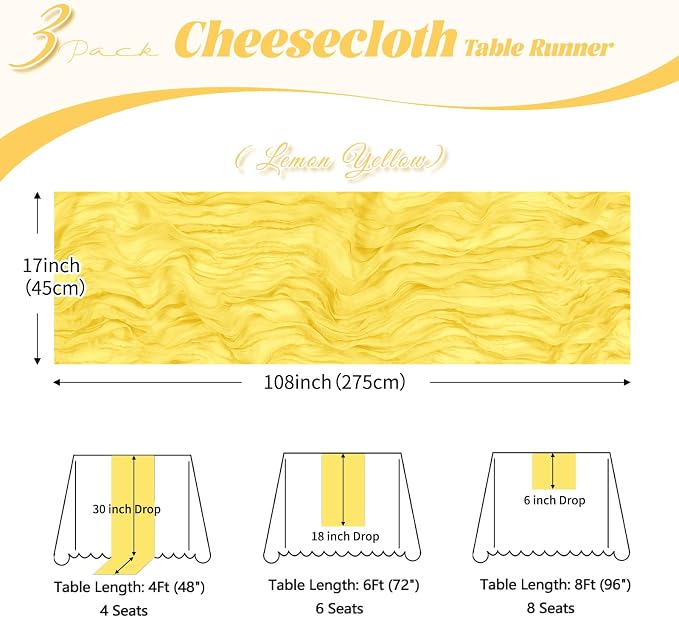 3 Pack Lemon Yellow Cheesecloth Table Runner, 17 x 108 inch, Semi Sheer Boho - Image 3
