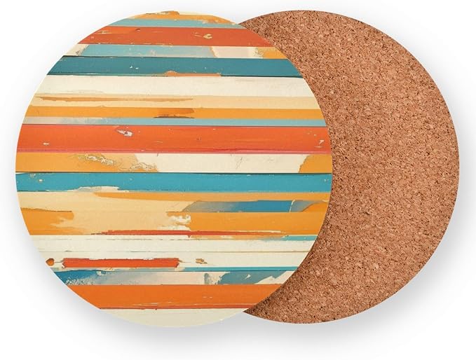 Red Stripes 4 Piecing Set Round Drink Coaster Cork Trivets - Image 2