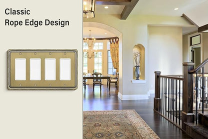 Henne Bery Rope Edge Decorative Wall Plate Switch Plate Outlet Cover (Quad Decorator, Antique Brass)