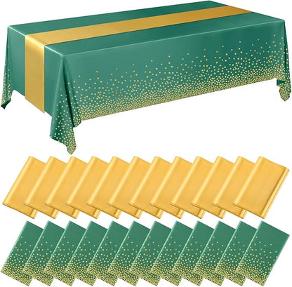 Breling 24 Pack Green and Gold Disposable Plastic Tablecloths and Satin Table Runner Set, 54 x 108 Inch Tablecloth, 12 x 108 Inch Table Runners for Wedding Graduation Birthday Baby Shower New Year