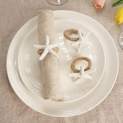 Starfish Napkin Rings Set of 6, White Sea Star Napkin Ring Holders for Crafts, Beach, Dinner Party, Wedding, Theme Party, Banquet, Nautical, Coastal Table Decor