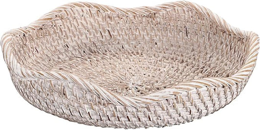 Hipiwe Decorative Key Tray Rattan Storage Bowl Food Serving Basket for Fruit Bread Candy Handwoven Basket Tray for Entryway Table Kitchen, Whitewash 8.6 Inch