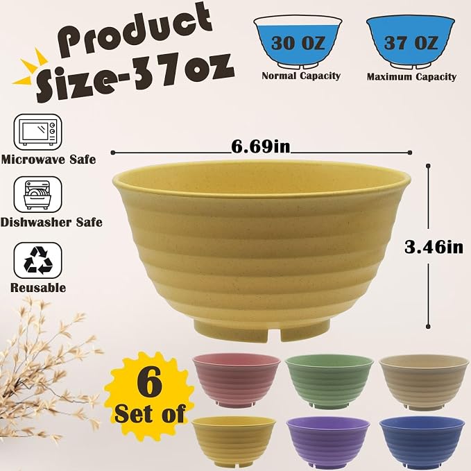 Cereal Bowls Set, 37oz Unbreakable Wheat Straw Bowls Set, Deep Lightweight Bowl - Image 2
