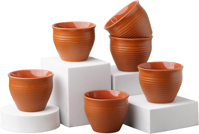 Servo Best Mini Ceramic Kulhad Cups Set of 6, 4 Oz Brown Chai Coffee Cups | by Serv-o-Best