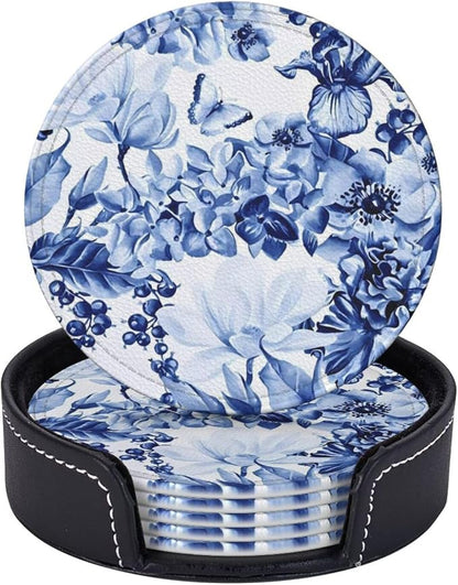 6 Pcs Blue and White Floral Leather Coasters by CAPVKING