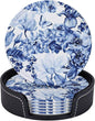 6 Pcs Blue and White Floral Leather Coasters by CAPVKING