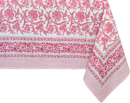 ATOSII Red Bloom 100% Cotton Rectangle Tablecloth, Block Print Floral Linen Table Cloth for Dining Parties Outdoors Weddings Holidays I 72 X 120 Inches, 10 Seater, Summer Farmhouse Grandmillennial