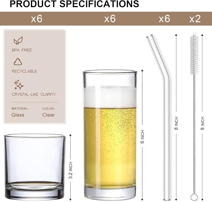 Glass Cups with Glass Straws, 12oz Highball & Rock Drinking Glasses, Everyday - Image 2
