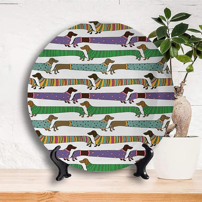 Decorative Plates, Dog Lover Print Ornament, Cartoon Style Dachshunds Dressed in Pyjamas Chevron, 7 Inch, 1 Plate with 1 Display Stand, Multicolor