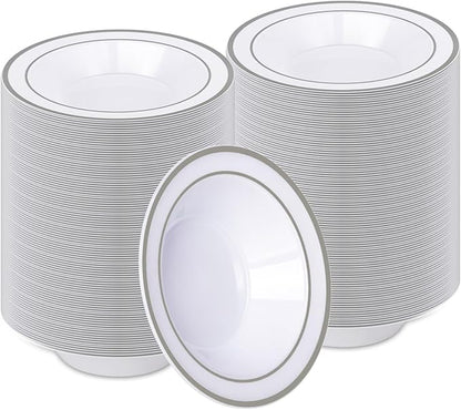 BESTVIP 200 Pack Plastic Bowls with Silver Rim, 12 oz Disposable Soup Bowls, Heavy-duty Dessert Fruit Bowl for Party, Wedding, Christmas, Dinner Catering