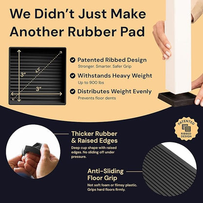 CasterMaster Square Rubber Caster Cups - Black, 3" x 3", Pack of 4 - Furniture Sliders for Hardwood Floors - Noise-Dampening Rubber Feet - Floor Protectors for Furniture