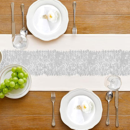 Metallic Style Silver Table Runner, Table Runners 48 Inches Long | Cotton Linen - Image 4