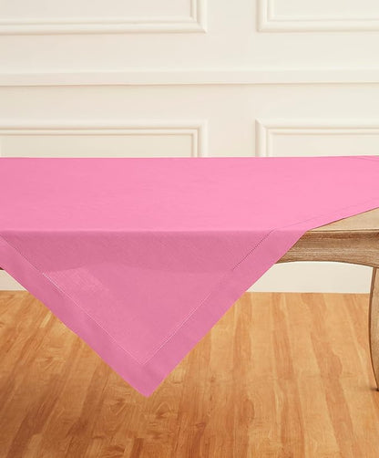 Solino Home Square Linen Tablecloth 52 x 52 Inch - 100% Pure Linen Flamingo Pink Table Throw - Classic Hemstitch, Machine Washable Table Cloth for Valentines, Spring, Easter
