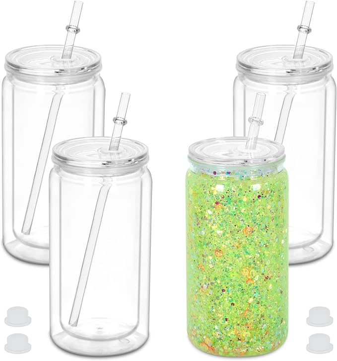 16 oz Plastic Snow Globe Tumbler, 4 Pack Double Wall Snowglobe Tumbler by Micellwuu