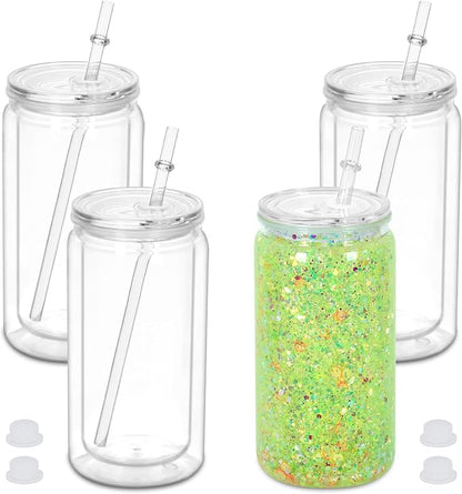 16 oz Plastic Snow Globe Tumbler, 4 Pack Double Wall Snowglobe Tumbler by Micellwuu