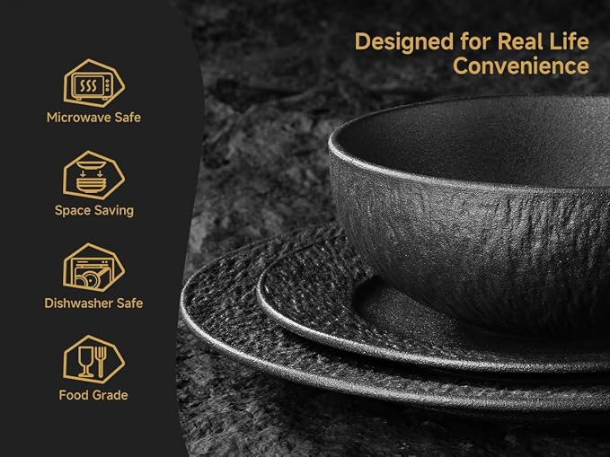 Black Dinnerware Sets, 18-Piece plates and bowls sets, Matte Marble | Premium - Image 4