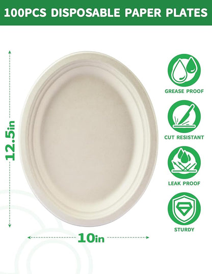 Compostable Biodegradable Oval Paper Plates, Large 12.5″ [100-Pack] - Heavy Duty Leak-Resistant Disposable Plates for BBQ, Picnic, Party, Birthday, Events, Dinner, Appetizer, Dessert & Cake