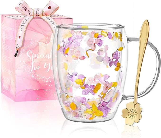 Double Wall Glass Coffee Mugs, Aesthetic Dried Flowers Cups by Yalucky