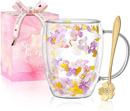 Double Wall Glass Coffee Mugs, Aesthetic Dried Flowers Cups by Yalucky