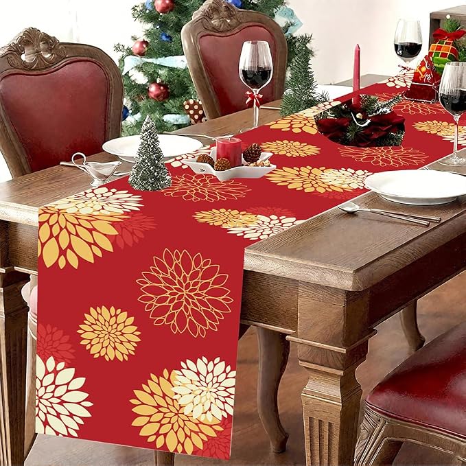 Red Yellow Table Runner Merry Christmas New Year Dahlia Pinnata Flower Beige - Image 3