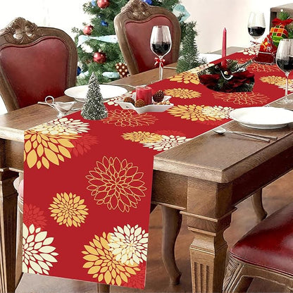 Red Yellow Table Runner Merry Christmas New Year Dahlia Pinnata Flower Beige - Image 3