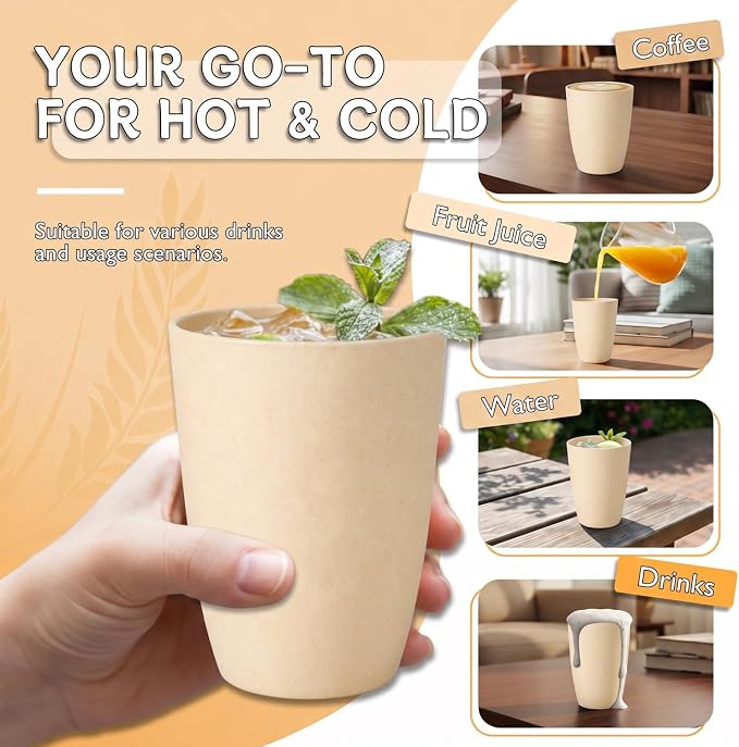 Wrova Wheat Straw Cups 6 PCS Good Alternative to Plastic Reusable Cups 12 oz - Image 4