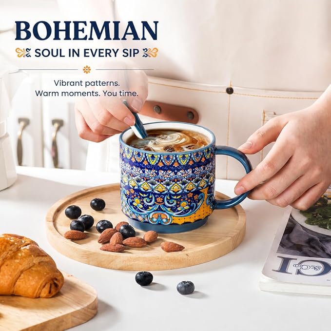 Coffee Mugs Set of 6, 12 oz Ceramic Boho Stackable Cups - Image 7