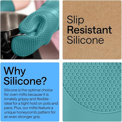 GORILLA GRIP BPA-Free Soft Silicone Oven Mitts, 14.5x8.3, Heat Resistant and Waterproof Cooking Gloves, Thick Cotton Lining, Flexible Gripping for Baking Grilling, Kitchen Potholders Set, Turquoise