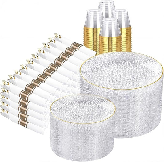 Rubtlamp 700Pcs Gold Plastic Dinnerware Set, Hammered Clear Gold Plates, Fancy Plastic Plates Include 100 Dinner Platos,100 Salad Platos,100 Cups,100 Pack Pre Rolled gold plastic Silverware