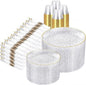 Rubtlamp 700Pcs Gold Plastic Dinnerware Set, Hammered Clear Gold Plates, Fancy Plastic Plates Include 100 Dinner Platos,100 Salad Platos,100 Cups,100 Pack Pre Rolled gold plastic Silverware
