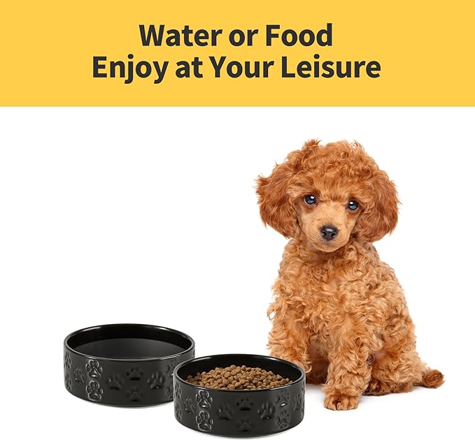 Ceramic Dog Bowl Set, 6.1" Dog Bowls with Anti-Slip Rings for Small Breed Dogs, 3.5 Cup Food and Water Bowls, Pet Dishes for Small-Sized Dogs, Microwave Safe (Double Bowls - Black, 6 inch)