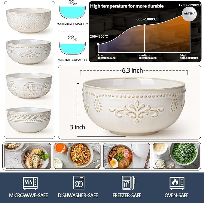 Soup Bowls 32 OZ, Cereal Bowls Set of 4, Embossment Ceramic Ramen Bowls - Image 2