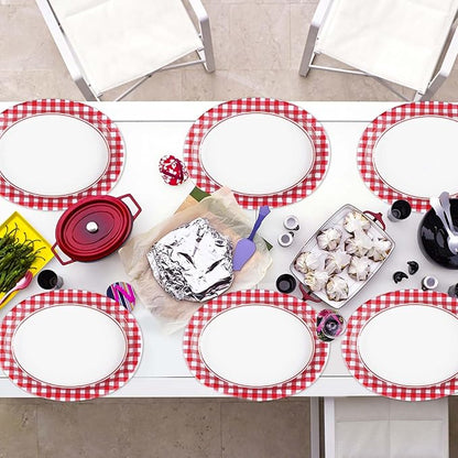 50Pcs Gingham Oval Paper Plates 10" x 12" Large Disposable Heavy Duty Valentine‘s Day Red and White Buffalo Checked Plaid Paper Dessert Platter Plates for Valentines Day Picnic Birthday Party Supplies