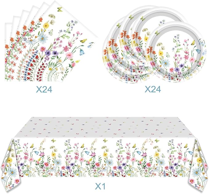 Wildflower Plates and Napkins Party Supplies, Floral Tablecloth | 24 Serves - Image 3