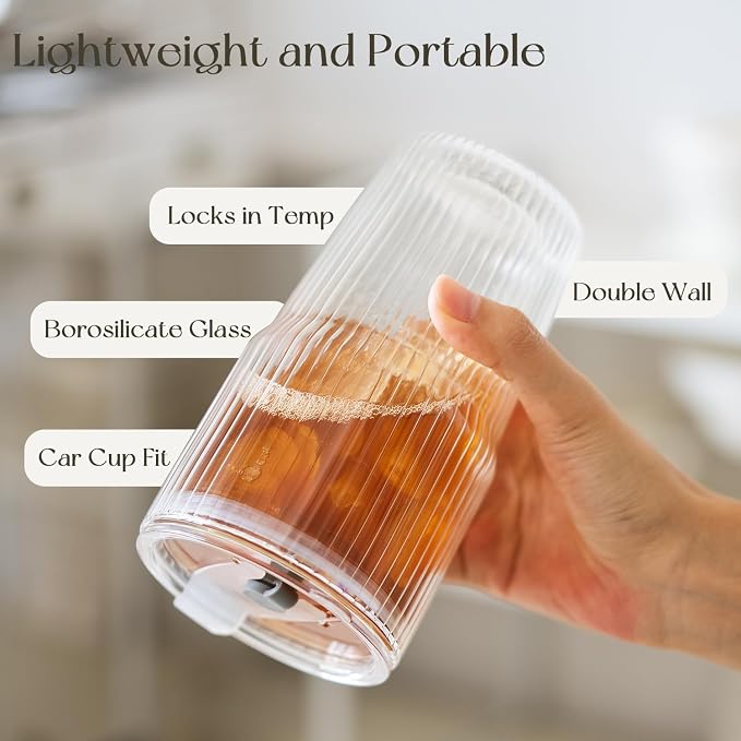 KEMORELA 16oz Ribbed Double Wall Glass Cups - Image 5