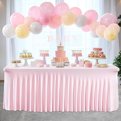 Wish Care 2 Pack Pink Spandex Table Clothes for 8 Foot Rectangle Tables, 8FT Wrinkle Free Fitted Tablecloths Ruffles Design Table Cover for Party, Banquet, Wedding and Events
