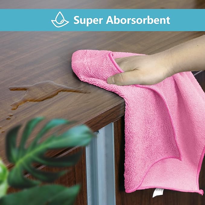 HOMEXCEL Pink Microfiber Cleaning Cloth, 50 Pack Cleaning Towels for Kitchen, Lint Free, Scratch-Free, Highly Absorbent, and Reusable Cleaning Rags for House, Window and Glass, Cars, 11.5 X11.5 inch