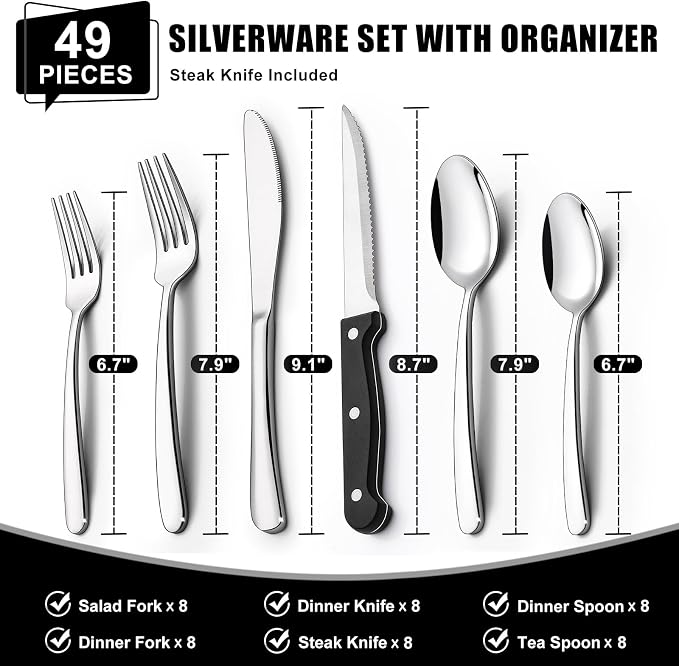 49-Piece Silverware Set with Organizer, Heavy Duty Stainless Steel Flatware Set - Image 2