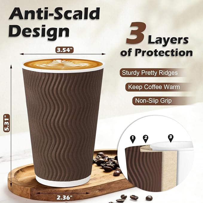 Clawsoff 90 Pack 16 oz Disposable Paper Coffee Cups Insulated Brown | - Image 2