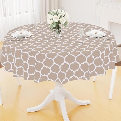 Smiry Round Plastic Table Cloth, Waterproof Vinyl Tablecloth with Flannel Backing for Round Tables, Wipeable & Spillproof for Dining, Camping, Indoor and Outdoor (60" Round, Khaki)