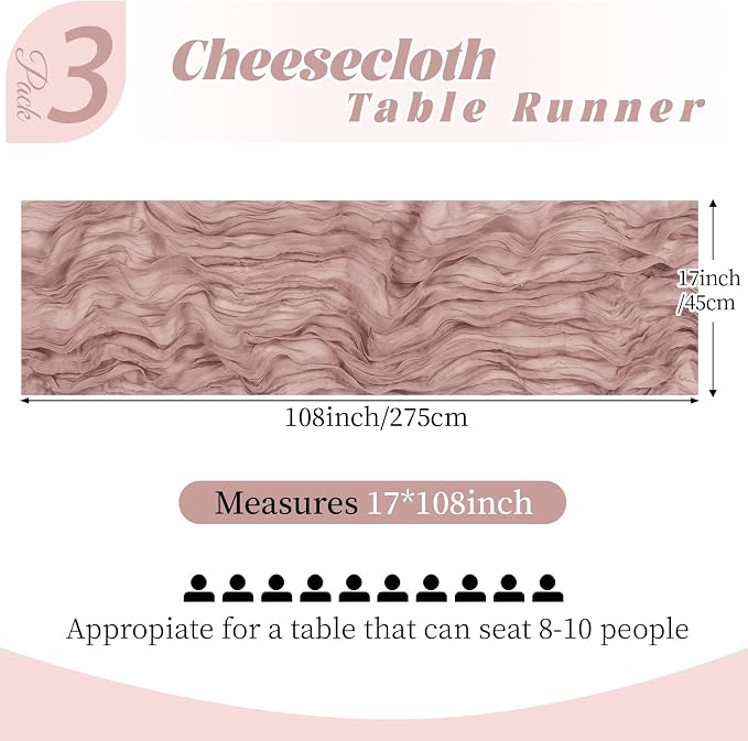 3 Pack Dusty Pink Cheesecloth Table Runner, 17 x 108 Inch, Gauze Cheese Cloth - Image 2