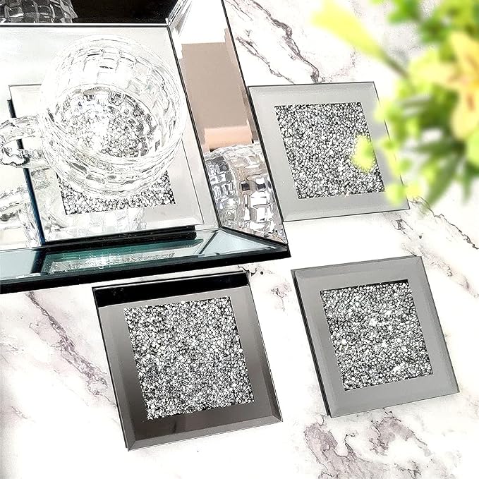 GIMORRTO Glass Mirrored Coaster 4 PC, Crushed Diamond Square Cup Mat 4" Decor - Image 2