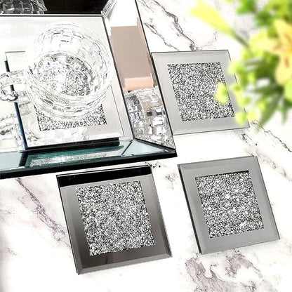 GIMORRTO Glass Mirrored Coaster 4 PC, Crushed Diamond Square Cup Mat 4" Decor - Image 2